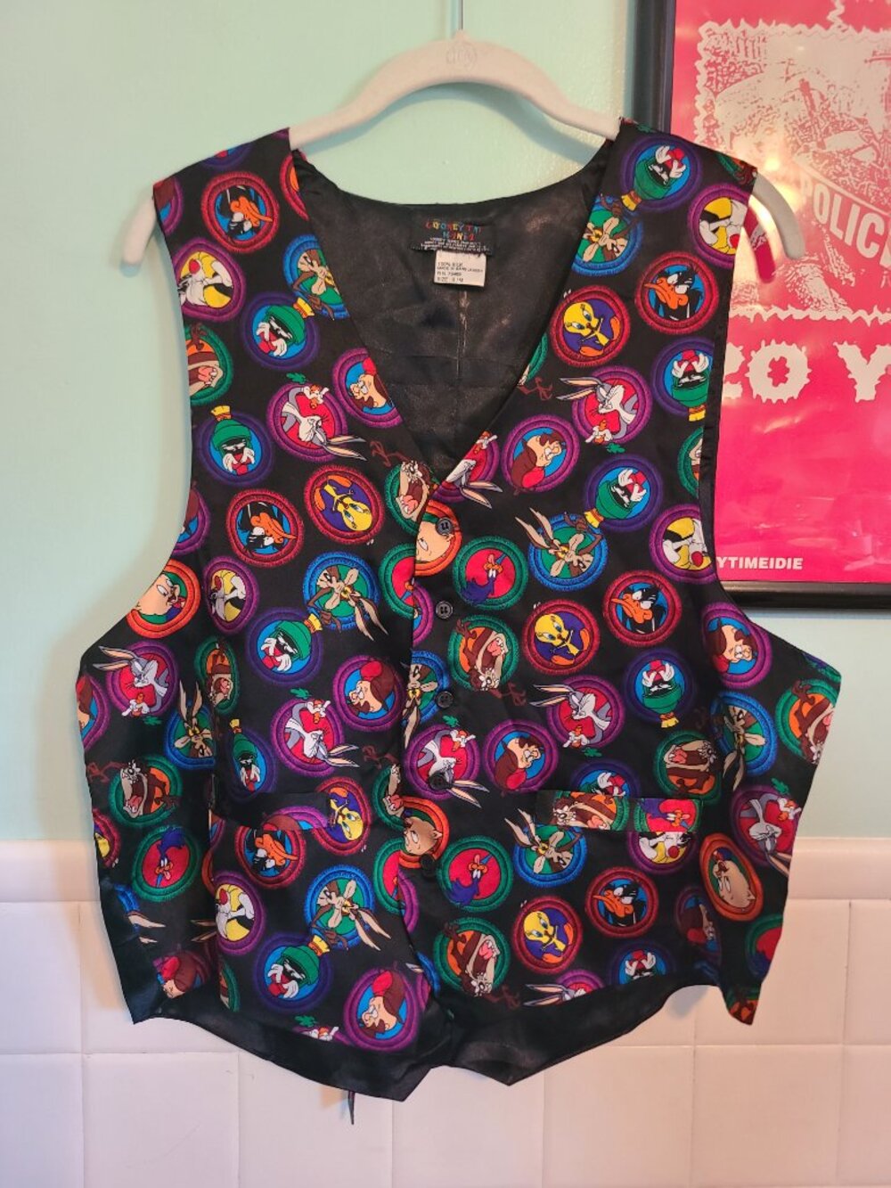 Vintage 90s Looney Tunes Black Vest 100% Silk Unisex Size Small - Picture 7 of 9